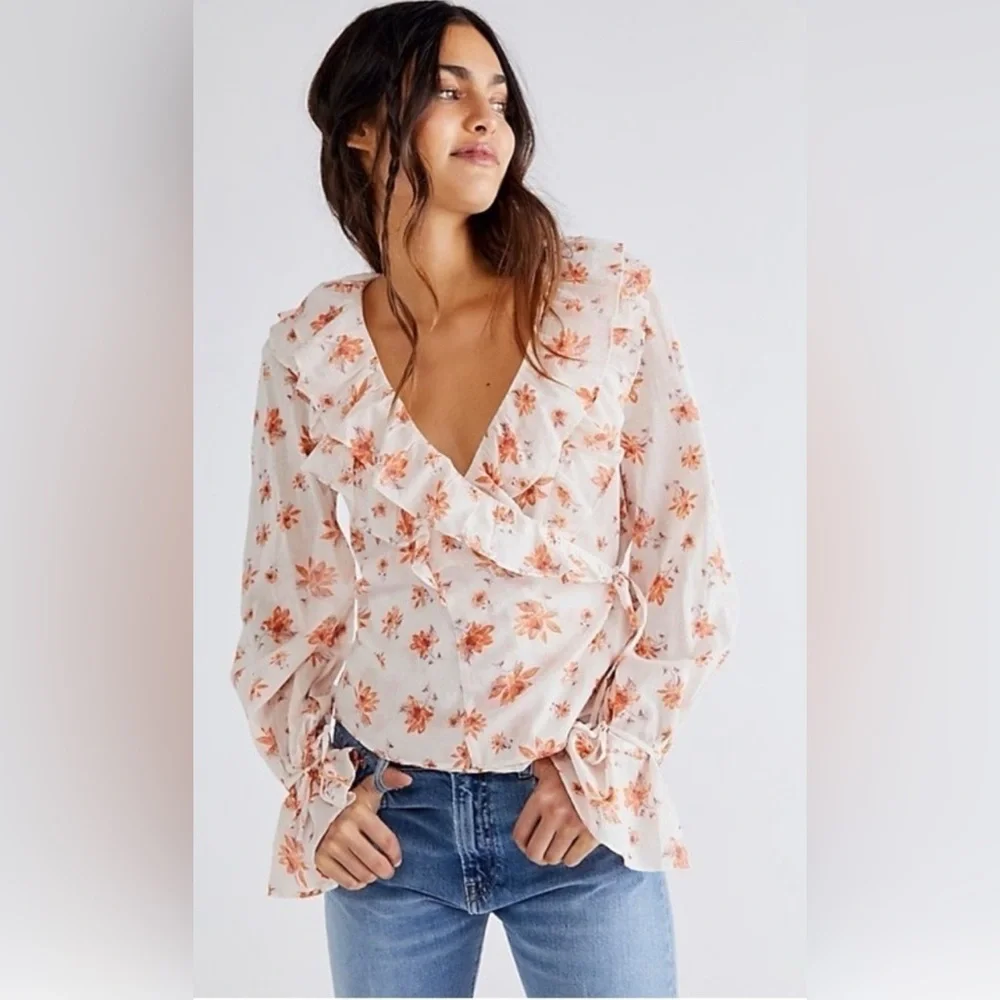 FREE PEOPLE Amanda Ruffle Top Blouse Ivory Orange Floral Women's Size M